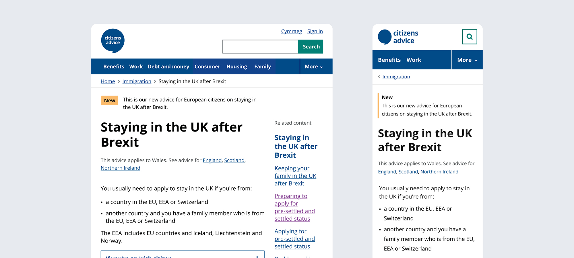 Screenshots of website showing mobile and desktop view of a content page from the immigration section