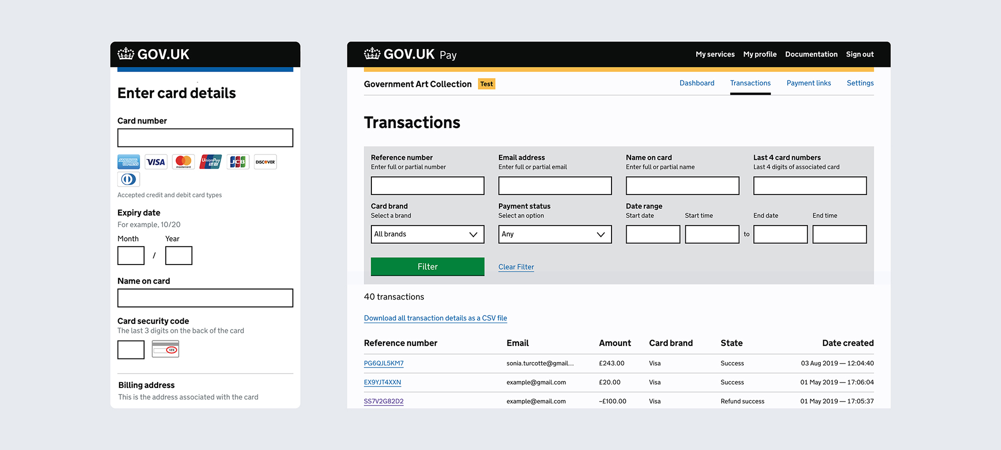 Mobile view of a payment page and desktop view of the transactions admin interface