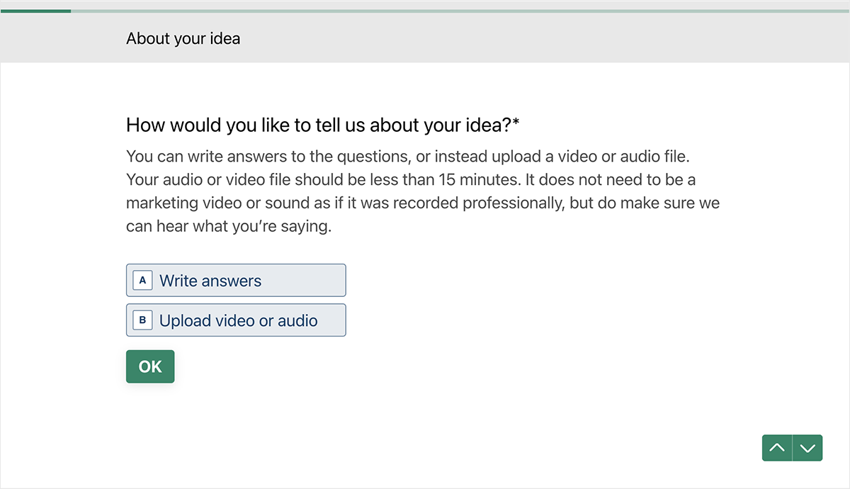 Typeform question: How would you like to tell us about your idea? With options: Write answers; upload audio or video