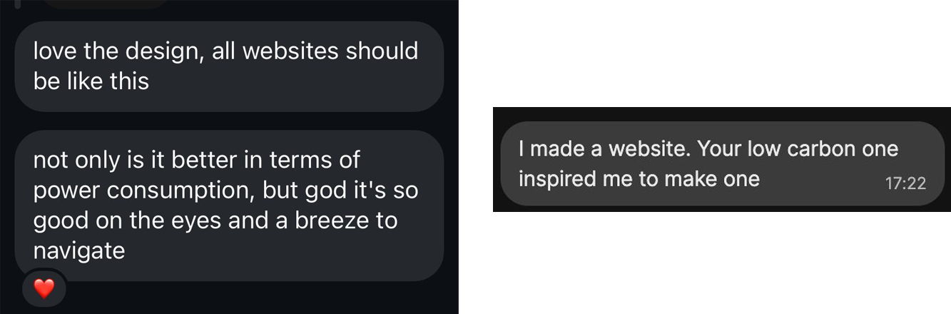 Two text screenshots. The first one says: ‘love the design, all websites should be like this not only is it better in terms of power consumption, but god it’s so good on the eyes and a breeze to navigate’ the second says ‘I made a website. Your low carbon one inspired me to make one’