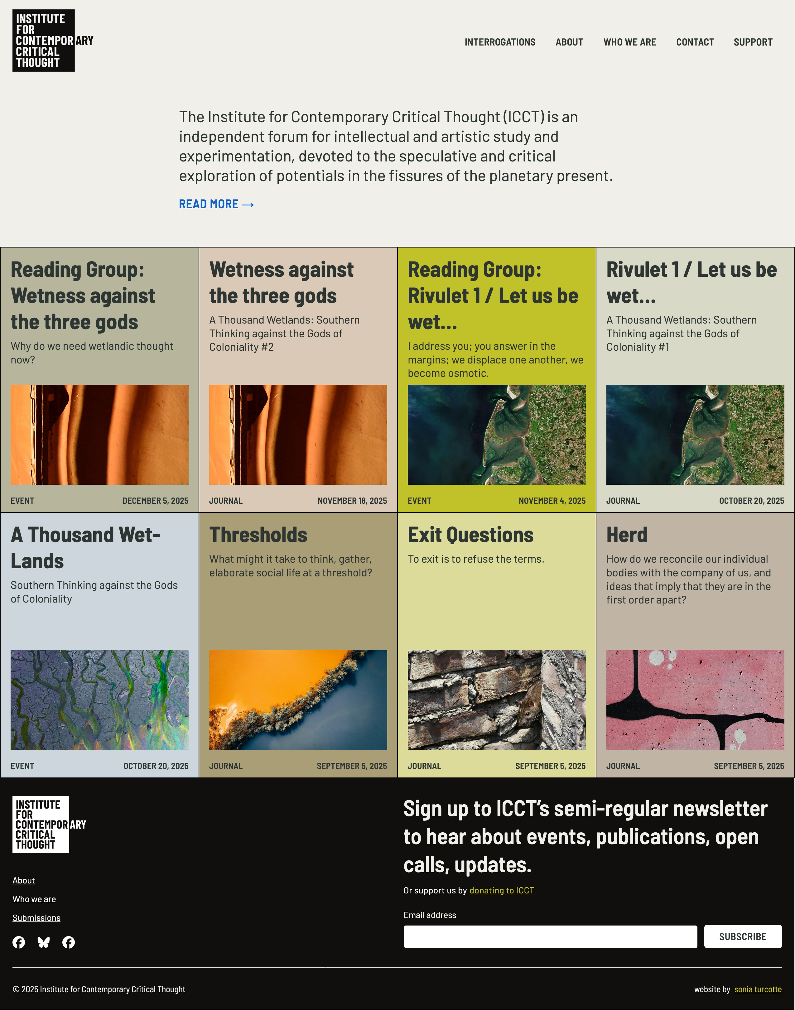 Homepage with a short intro paragraph and a grid of events and journal posts