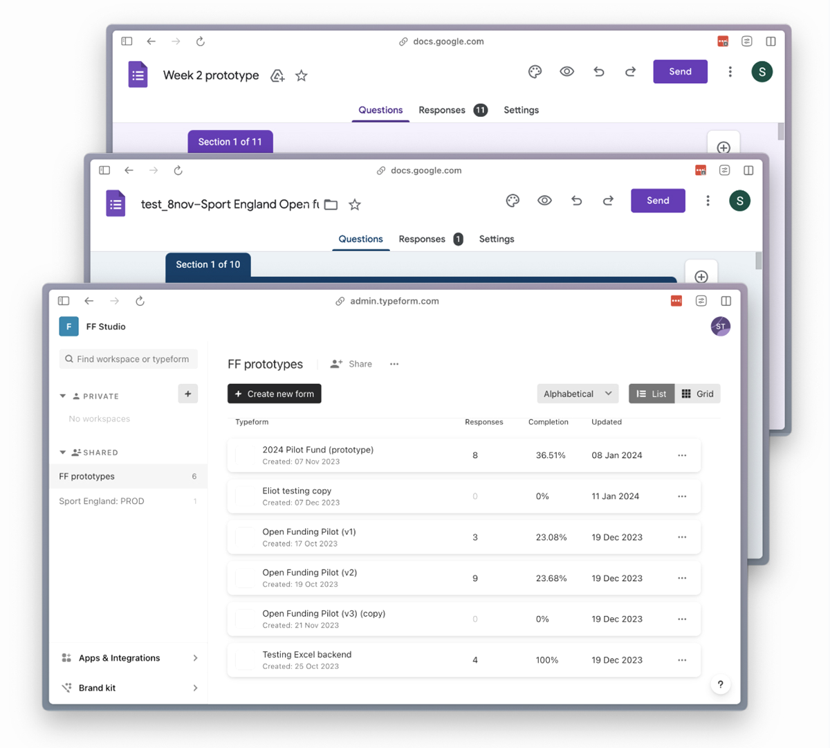 3 overlapping screenshots showing 2 prototypes in Google Forms and the Typeform dashboard with a bunch of different prototypes