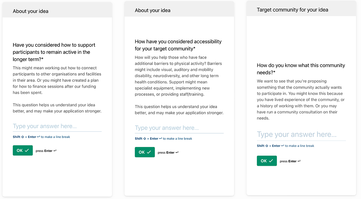Form questions asking, Have you considered how to support participants to remain active in the longer term?, Have you considered accessibility?, How do you know what this community needs?