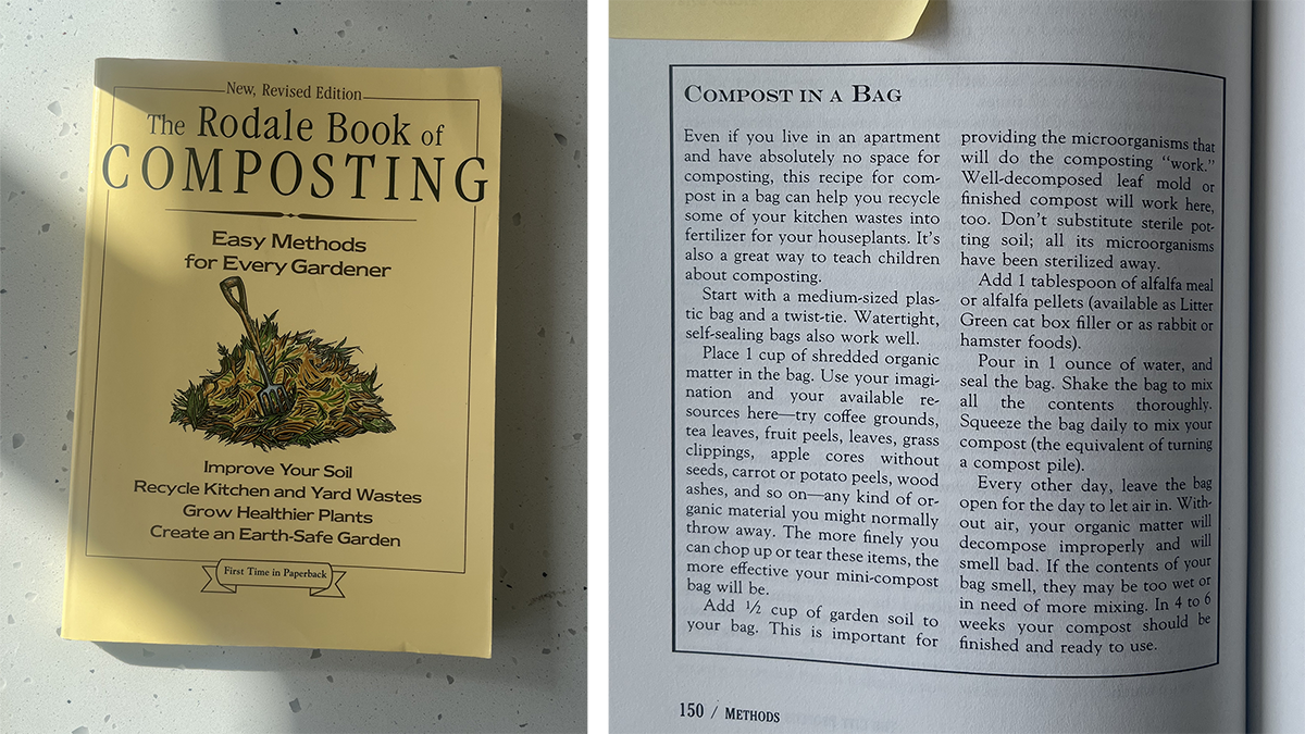 Picture of the front cover of the book and a page from the inside with instructions for composting in a bag