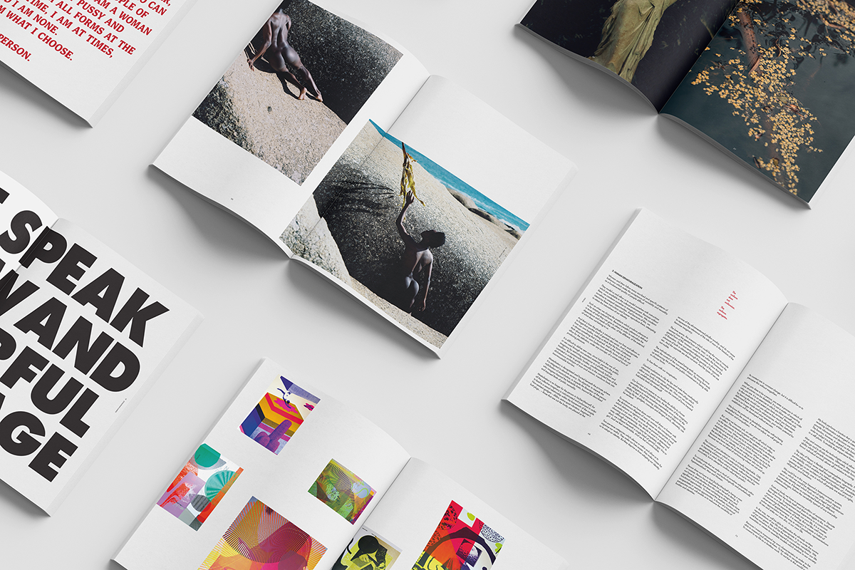 Grid layout of several magazine spreads