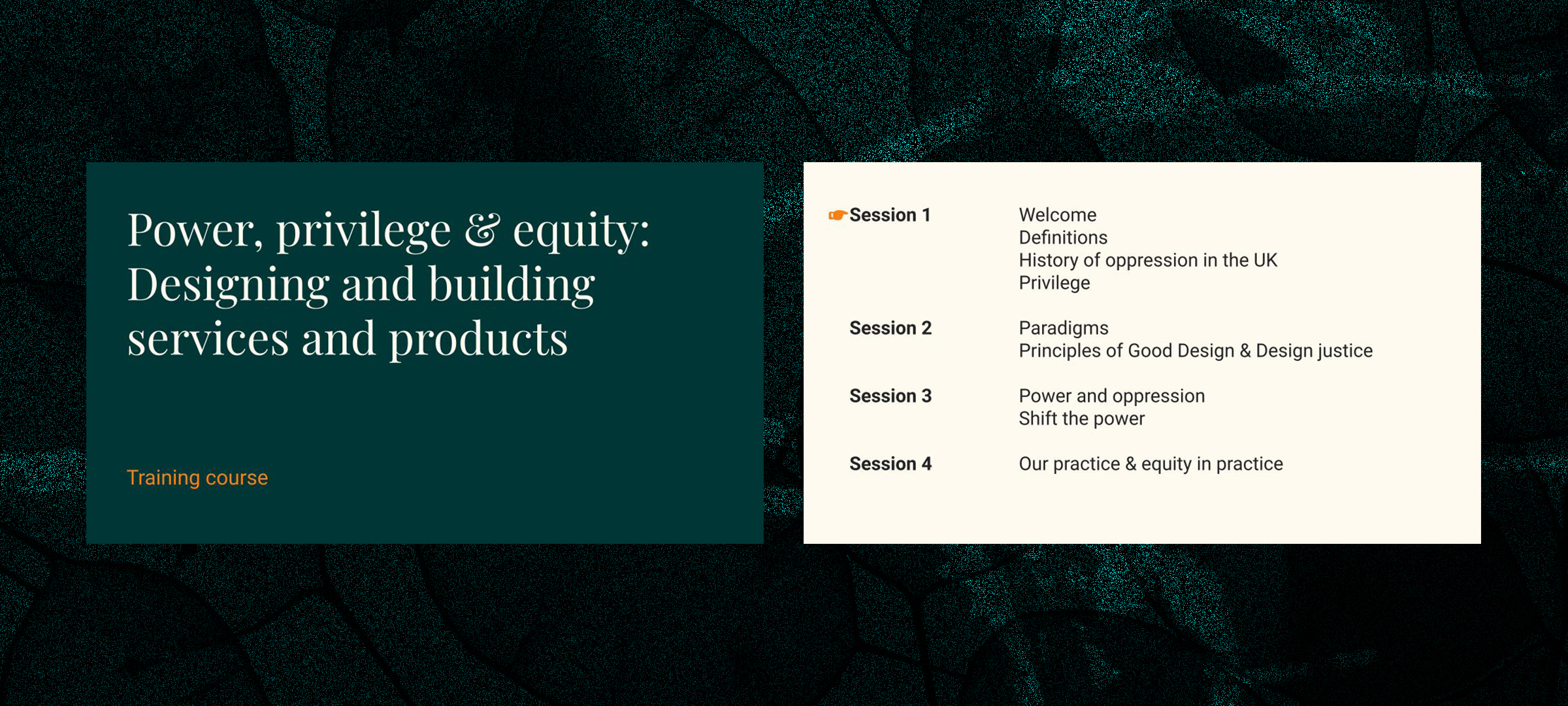 The title page saying: Power, privilege and equity: Designing and building services and products
Training course. The contents page showing the course split over 4 days